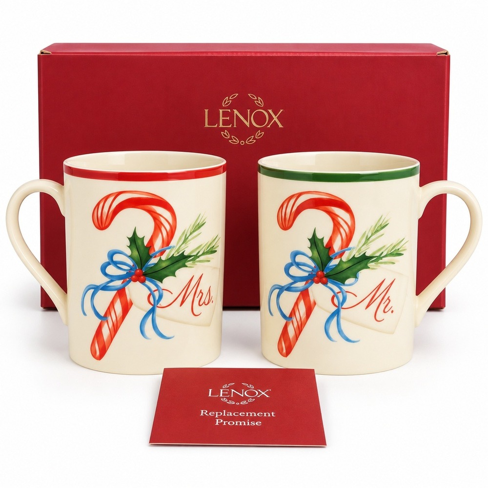 Lenox Holiday Mugs Set of 2 Mr & Mrs 14oz Ivory Red New Christmas Candy Cane